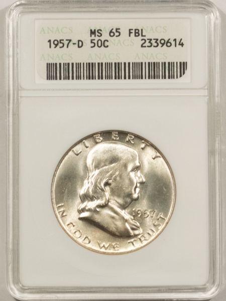Franklin Halves 1957-D FRANKLIN HALF DOLLAR – ANACS MS-65 FBL, BLAST WHITE GEM! WHITE HOLDER!