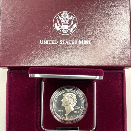 U.S. Uncertified Coins 1993-S THOMAS JEFFERSON COMMEMORATIVE SILVER PROOF DOLLAR, GEM PROOF IN MINT PKG