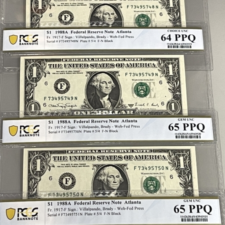 Small Federal Reserve Notes 1988-A $1 FRN WEB PRESS ATLANTA FR1917F F-N, 5 CONSEC NOTES PCGS CH CU-64/65 PPQ