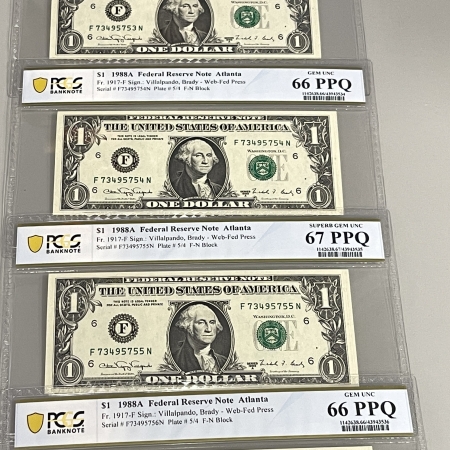 U.S. Currency 1988-A $1 FRN WEB PRESS ATLANTA FR1917F F-N 5 CONSEC NOTES PCGS GEM CU-66/67 PPQ