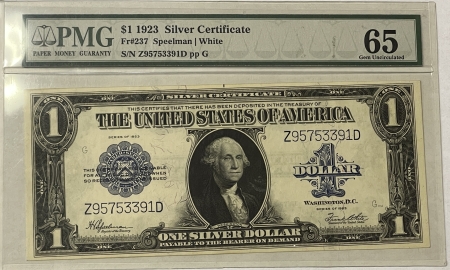 Large Silver Certificates 1923 $1 SILVER CERTIFICATE, FR-237 PMG GEM UNCIRCULATED 65, LARGE SIZE TYPE!