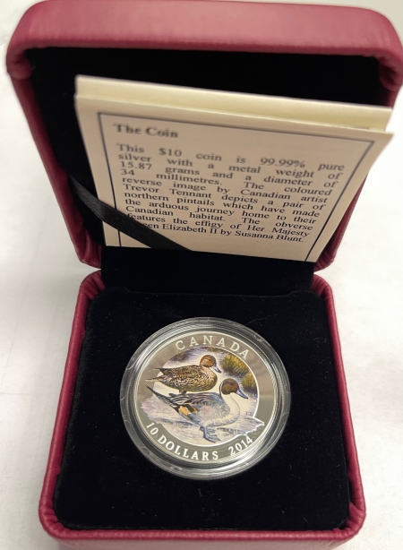 New Certified Coins 2014 CANADA $10 SILVER PINTAIL DUCKS COLORIZED COMMEMORATIVE, KM-1607 GEM PR OGP