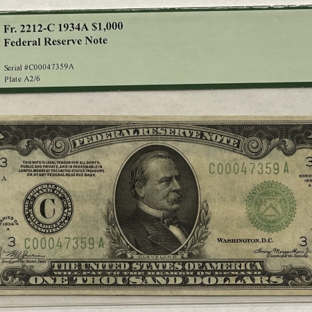 U.S. Currency 1934-A $1000 FEDERAL RESERVE NOTE, PHILADELPHIA FR-2212C PCGS CH AU-50, ORIGINAL