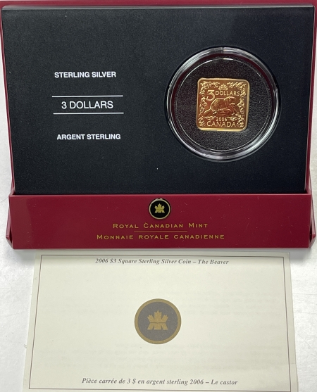 New Certified Coins 2006 CANADA $3 GOLD PLATED .925 SILVER SQUARE BEAVER, KM-657, GEM PROOF IN OGP