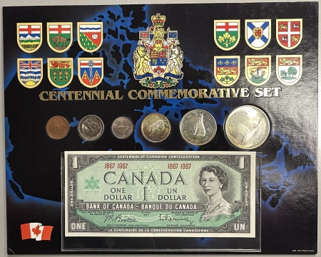 New Certified Coins 1967 CANADA CENTENNIAL 6 COIN TYPE SET + $1 NOTE ON COLLECTOR CARD GEM BU & NICE