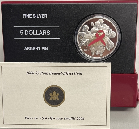 New Certified Coins 2006 CANADA $5 .999 SILVER PROOF PINK RIBBON, BREAST CANCER, KM-658, GEM PR, OGP