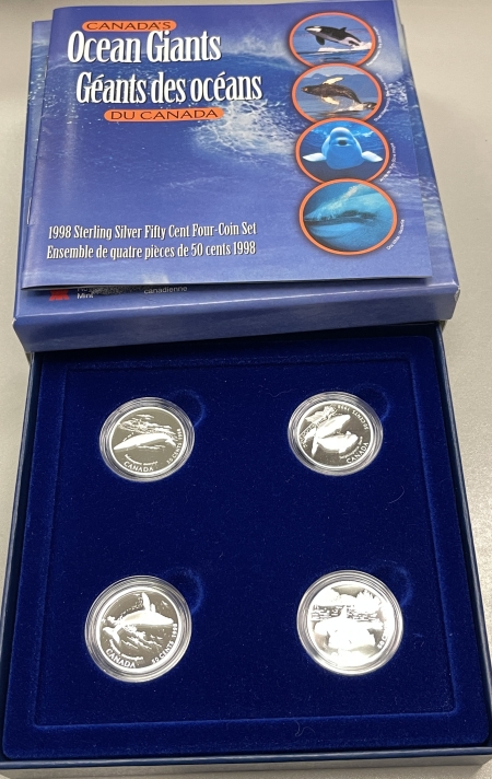 New Certified Coins 1998 CANADA SILVER 50 CENTS OCEAN GIANTS WHALES 4 COIN SET KM318-321 GEM PR, OGP