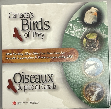 New Certified Coins 2000 CANADA SILVER 50 CENTS BIRDS OF PREY 4 COIN SET KM389-392 GEM PROOF, OGP