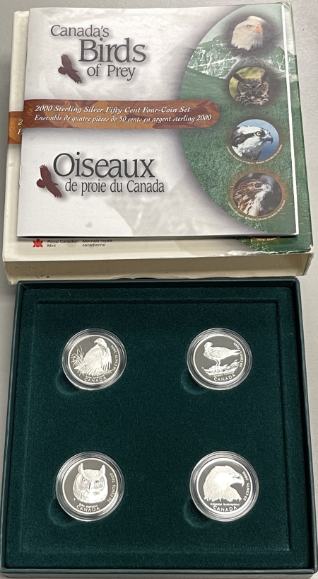 New Certified Coins 2000 CANADA SILVER 50 CENTS BIRDS OF PREY 4 COIN SET KM389-392 GEM PROOF, OGP