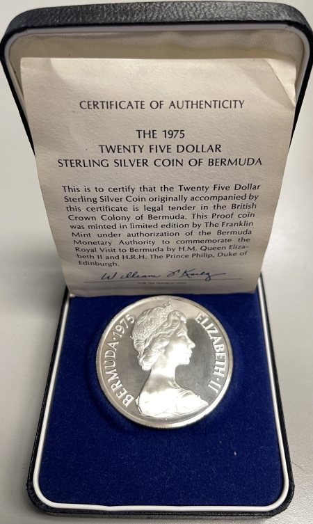 Other Numismatics 1975 BERMUDA $25 .925 SILVER, KM-23a, QUEEN ELIZABETH II VISIT, GEM PROOF W/ OGP