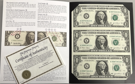 New Certified Coins 2003 $1 FRN K-DALLAS UNCUT SHEET OF 3 NOTES + 1963-B $1 FRN BARR NOTE, CH-GEM CU