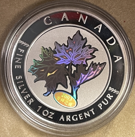 New Certified Coins 2003 CANADA $5 .9999 SILVER GOOD FORTUNE MAPLE LEAF HOLOGRAM, GEM PROOF BOX/COA