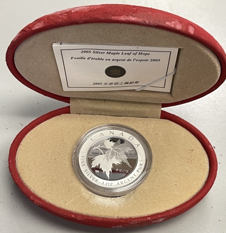 New Certified Coins 2005 CANADA $5 .9999 SILVER MAPLE LEAF OF HOPE, KM-924, GEM PROOF W/ BOX/COA