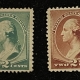 Postage SCOTT #210, 213; 2c WASHINGTON, RED-BROWN MOG-H & 2c GREEN MPOG, F/VF-CAT $85