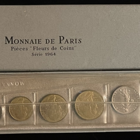 Other Numismatics FRANCE 1964 FLEURS DE COINS 7 PC GEM BU SET W/ 5 FRANCS SILVER, ORIG GOVT BOX