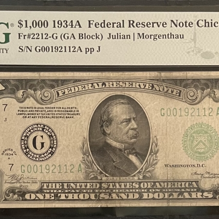 New Store Items 1934-A $1000 FEDERAL RESERVE NOTE, G-CHICAGO, PMG VF-25, ORIGINAL W/ NO COMMENTS