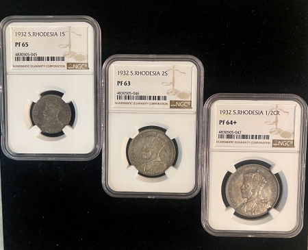 New Certified Coins 1932 SOUTH RHODESIA 3 PC SILVER PROOF SET, 1S, 2S, 1/2 CROWN, NGC PR-65, 63, 64+