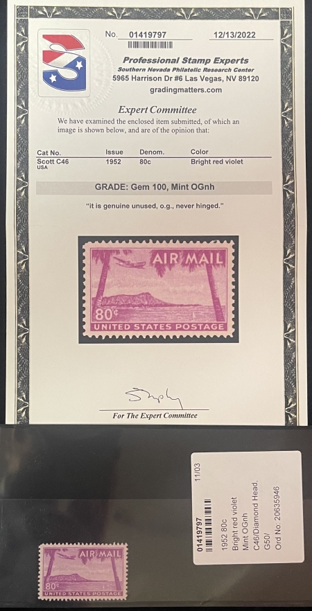 Air Post Stamps SCOTT #C46, 80c BRIGHT RED VIOLET, PSE GRADED GEM 100, MINT OGnh-SMQ=$200