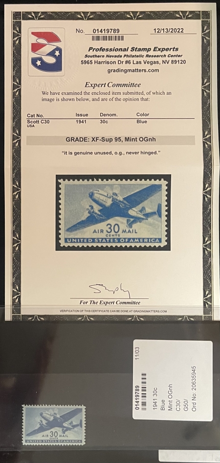 U.S. Stamps SCOTT C-30, 30c BLUE AIRMAIL, PSE GRADED XF-SUP 95, MINT OGnh, PRETTY! SMQ=$45