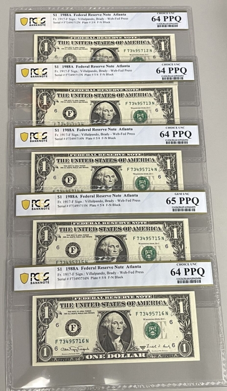 Small Federal Reserve Notes 1988-A $1 FRN WEB PRESS ATLANTA FR1917F F-N, 5 CONSEC NOTES PCGS CH CU-64/65 PPQ