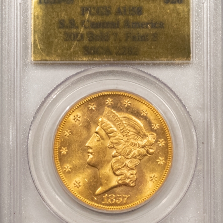 New Store Items 1857-S TY 1 $20 LIBERTY GOLD S.S. CENTRAL AMERICA – PCGS AU-58, GOLD FOIL LABEL!
