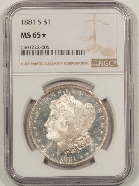 Morgan Dollars 1881-S MORGAN DOLLAR – NGC MS-65 STAR, PQ W/ DEEP MIRROR PROOFLIKE OBVERSE!