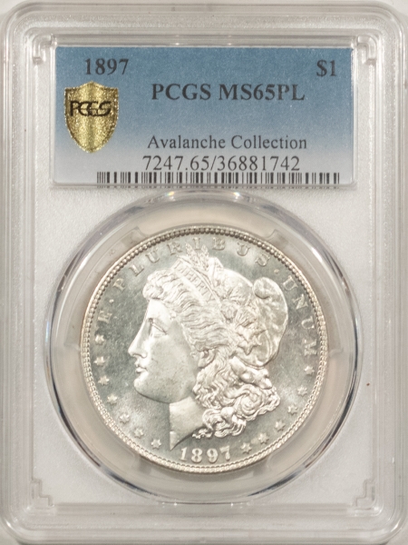 Dollars 1897 MORGAN DOLLAR – PCGS MS-65 PL, WHITE PROOFLIKE GEM W/ A CLEAN CHEEK!