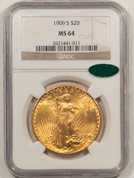 $20 1909-S $20 ST GAUDENS GOLD – NGC MS-64, BLAZING LUSTER, PREMIUM QUALITY! CAC!