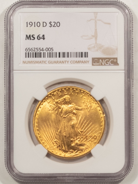 $20 1910-D $20 ST GAUDENS GOLD – NGC MS-64, LUSTROUS!