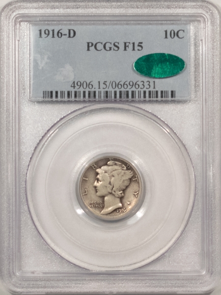New Store Items 1916-D MERCURY DIME – PCGS F-15, ORIGINAL, PERFECT & CAC APPROVED!