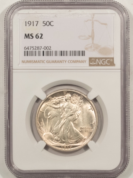 New Certified Coins 1917 WALKING LIBERTY HALF DOLLAR – NGC MS-62, FRESH WHITE, PREMIUM QUALITY!