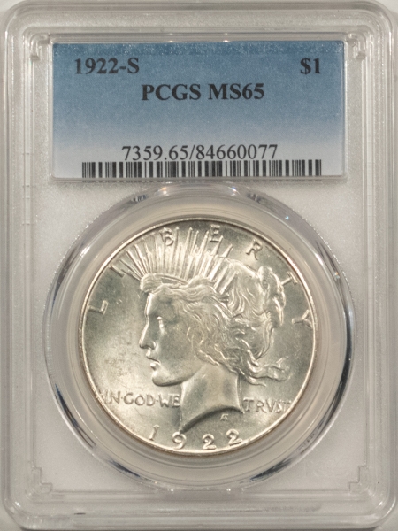 New Certified Coins 1922-S PEACE DOLLAR – PCGS MS-65, SATINY WHITE GEM!