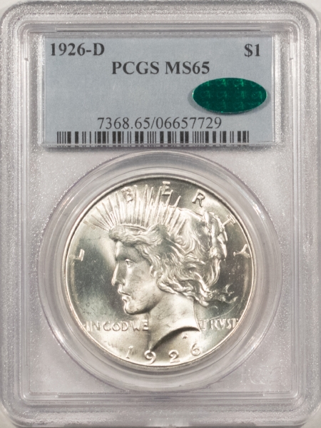 CAC Approved Coins 1926-D PEACE DOLLAR – PCGS MS-65, BLAZING WHITE GEM, PQ AND CAC APPROVED!