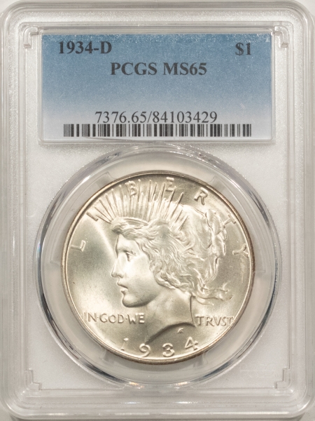 New Certified Coins 1934-D PEACE DOLLAR – PCGS MS-65, FRESH WHITE GEM!