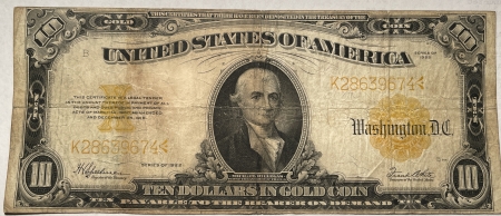 Large Gold Certificates 1922 $10 GOLD CERTIFICATE, FR-1173, ORIGINAL FINE W/ SOME REVERSE DIRT