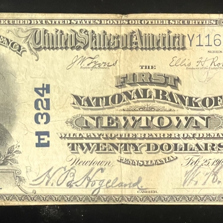 U.S. Currency 1902 $20 PLAIN BACK, FR-642, FNB OF NEWTOWN, PA, CHTR 324, ORIG VF-SCARCE BANK!