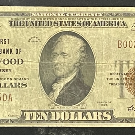 U.S. Currency 1929 $10 TY 1, FNB OF WESTWOOD, NJ, CHTR #8777, FR-1801-1, ORIGINAL VF-SCARCE!