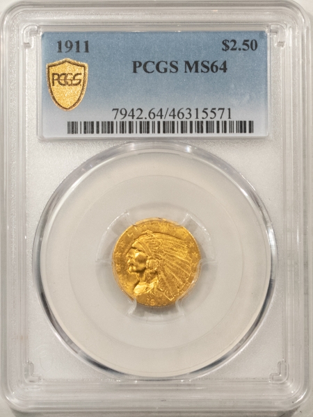 $2.50 1911 $2.50 INDIAN GOLD – PCGS MS-64, GREAT LUSTER, LOOKS GEM!