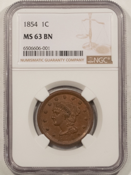 Braided Hair Large Cents 1854 BRADED HAIR LARGE CENT – NGC MS-63 BN, SMOOTH & PLEASING