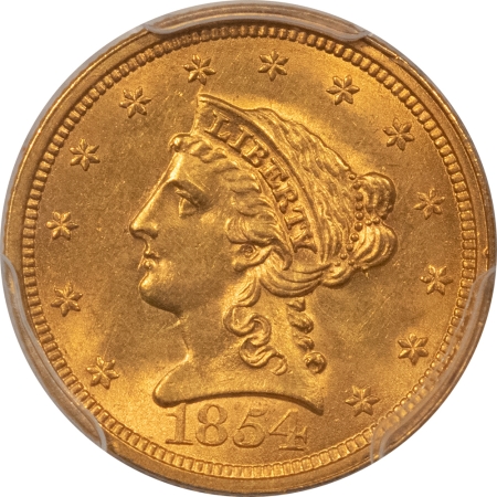 $2.50 1854 $2.50 LIBERTY HEAD GOLD – PCGS MS-63, MARK FREE & WELL STRUCK!