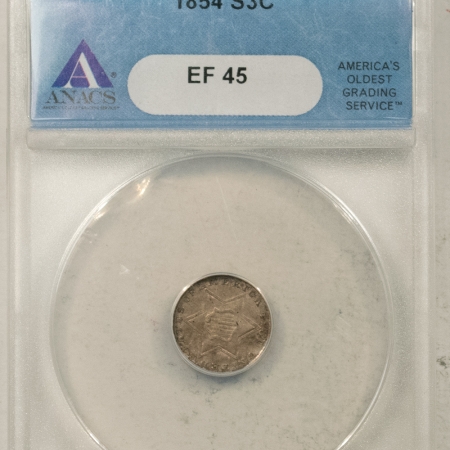 U.S. Certified Coins 1854 THREE CENT SILVER – ANACS EF-45, ORIGINAL! LOOKS AU & PREMIUM QUALITY!