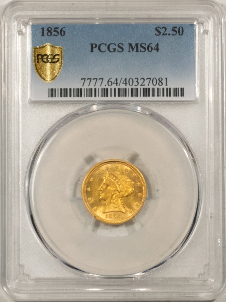 $2.50 1856 $2.50 LIBERTY HEAD GOLD – PCGS MS-64, VERY PRETTY & LUSTROUS!