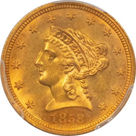 $2.50 1858 $2.50 LIBERTY HEAD GOLD – PCGS MS-63, PRETTY & CHOICE, RARE DATE!