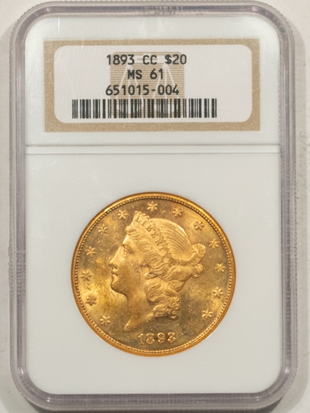 $20 1893-CC $20 LIBERTY GOLD – NGC MS-61, TOUGH DATE! FINAL CARSON CITY GOLD!