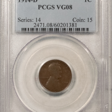 Lincoln Cents (Wheat) 1914-D LINCOLN CENT – PCGS VG-8, KEY DATE