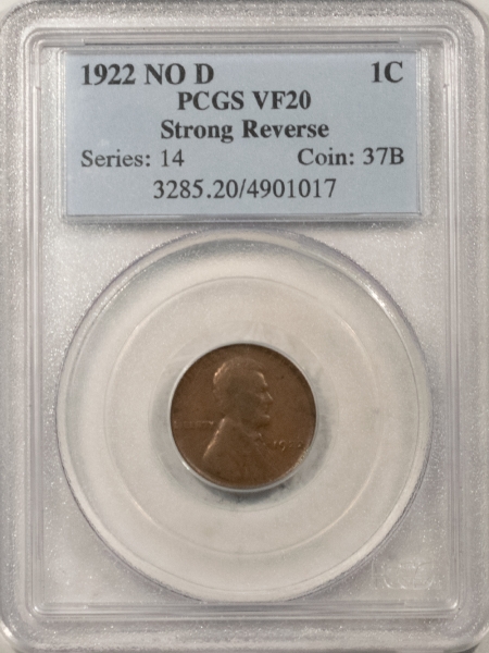 Lincoln Cents (Wheat) 1922 PLAIN NO D LINCOLN CENT – PCGS VF-20, STRONG REVERSE