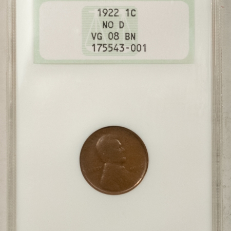 New Store Items 1922 PLAIN NO D LINCOLN CENT, STRONG REVERSE – NGC VG-8 BN, OLD FATTIE HOLDER!