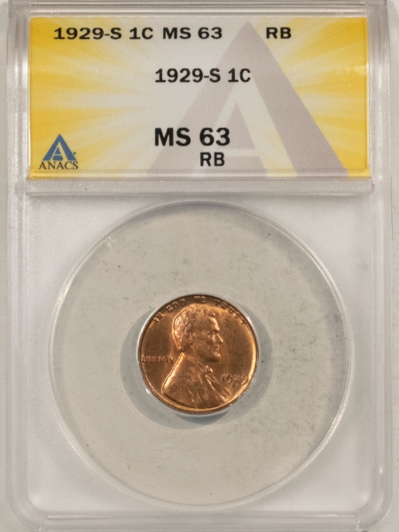Lincoln Cents (Wheat) 1929-S LINCOLN CENT – ANACS MS-63 RB, MOSTLY RED! PRETTY!