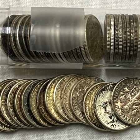 Dimes 1950S-1960S ROOSEVELT SILVER DIME 50 COIN ROLL, CH-GEM BU, SOME REALLY PRETTY!
