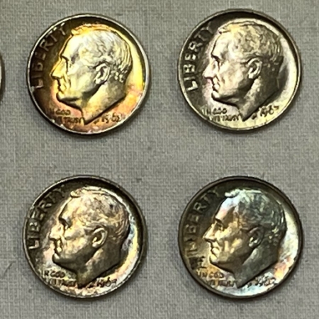 Dimes 1960-1963D ROOSEVELT SILVER DIMES, LOT OF 8 – UNCIRCULATED SOME GORGEOUS TONING!